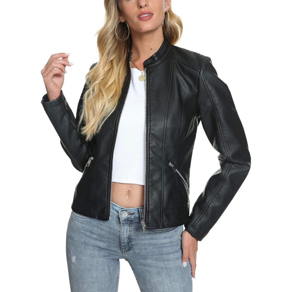Women's Black Motorcycle Faux PU Moto Biker Outwear Coat Zip Leather Jackets